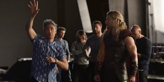 Taika Waititi directing Chris Hemsworth on Thor: Ragnarok