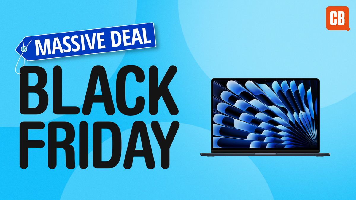 The latest MacBook Air on a blue background with the text &#039;Black Friday: Massive Deal&#039;. 