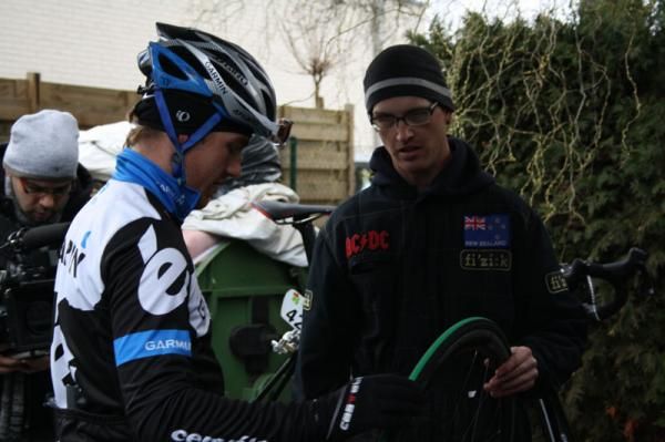 Farrar looks over the mechanic takes him through any changes to his race bike