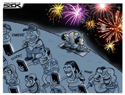 Editorial Cartoon U.S. Fourth of July Fireworks Selfies Smartphones