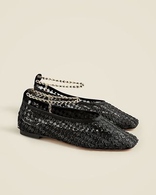 Quinn Embellished Removable Ankle-Strap Ballet Flats in Mesh