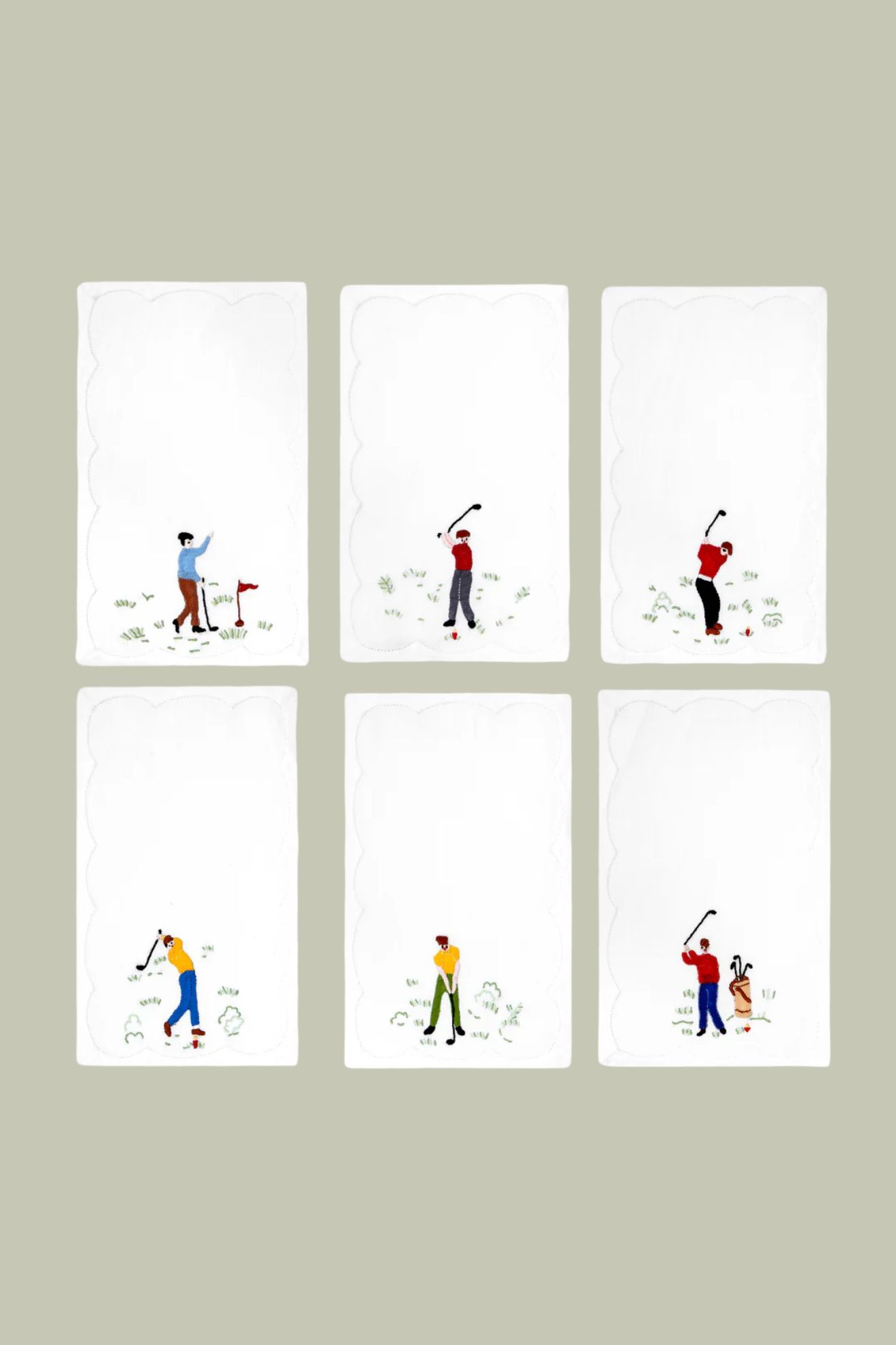 Golfers Hand-Embroidered Linen Cocktail Napkins, Set of 6