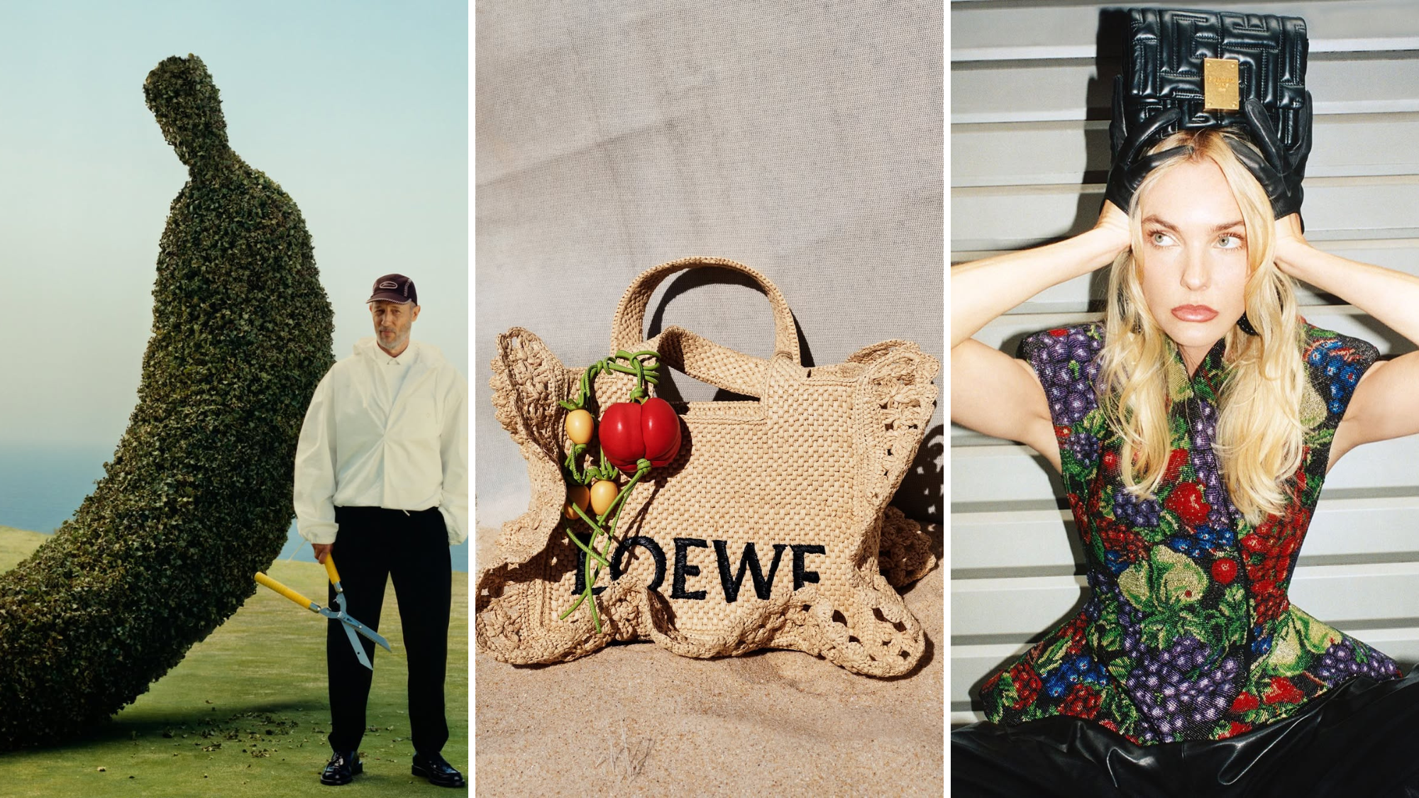fruit and veg fashion inspiration - jacqueumus banana, loewe tomato, balmain fruit top