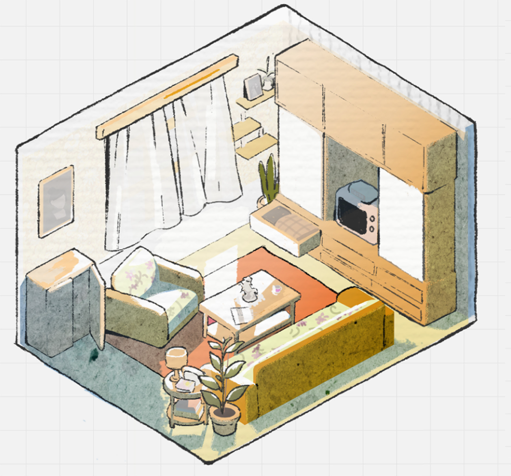 Concept sketches for a video game showing a cosy living room