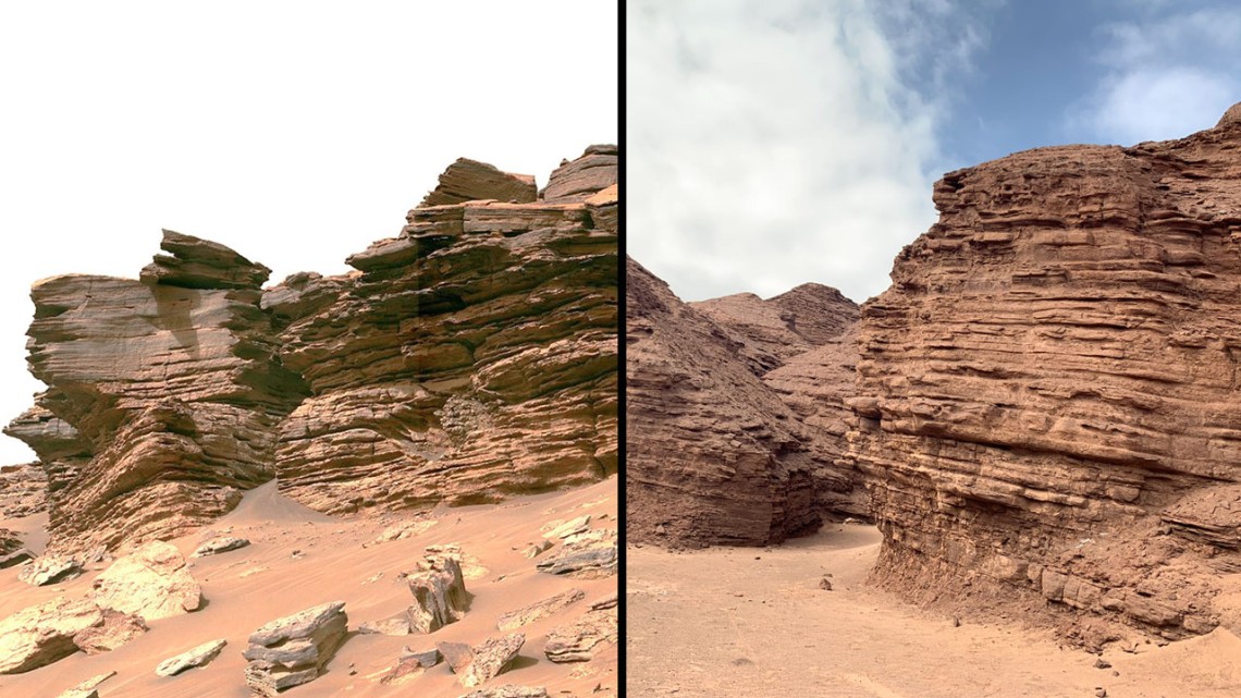 Scientists hunted for microbial life in Chile's Atacama Desert (right) to study how current science instruments might perform on Mars (left).