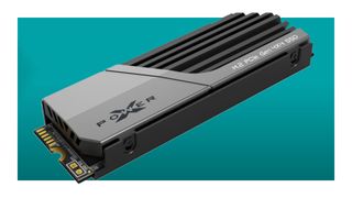 An image of a Silicon Power XS70 M.2 SSD against a teal background with a white border