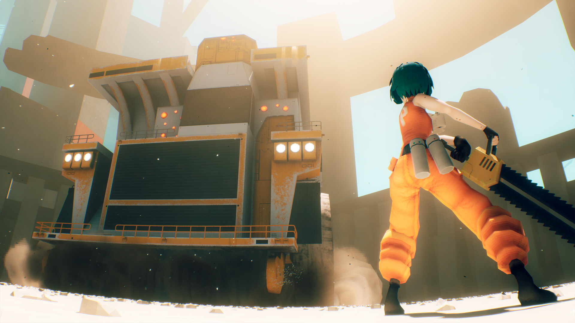 P brandishes her chainsaw in Motorslice.