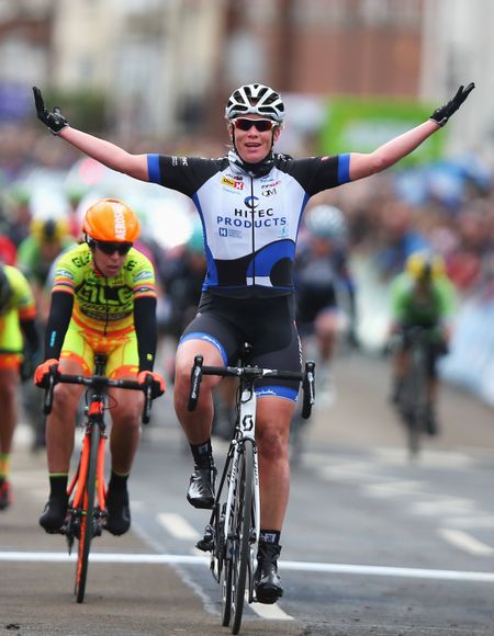 Kirsten Wild (Hitech Products) celebrates Women's Tour de Yorkshire victory.