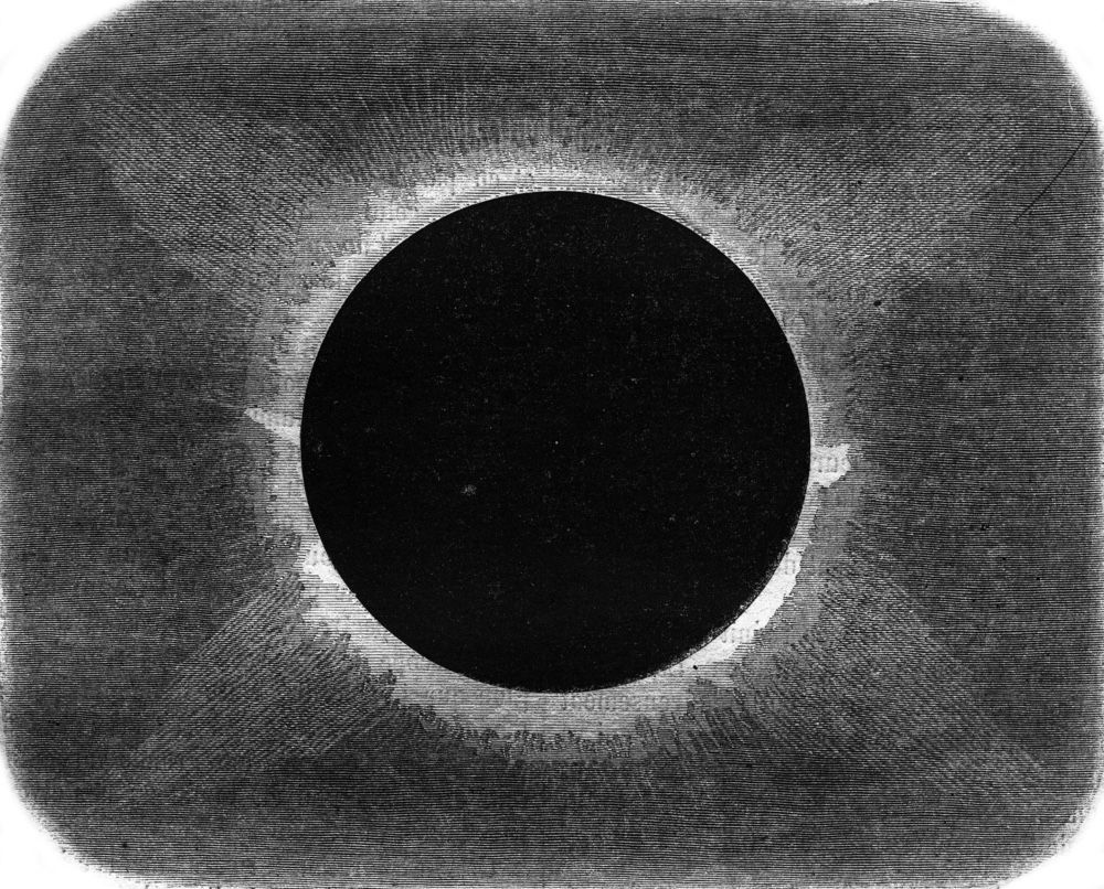 This vintage engraved illustration reveals the sun&#039;s corona during the total solar eclipse of Aug. 18, 1868, from the peninsula of Malacca in Malaysia.