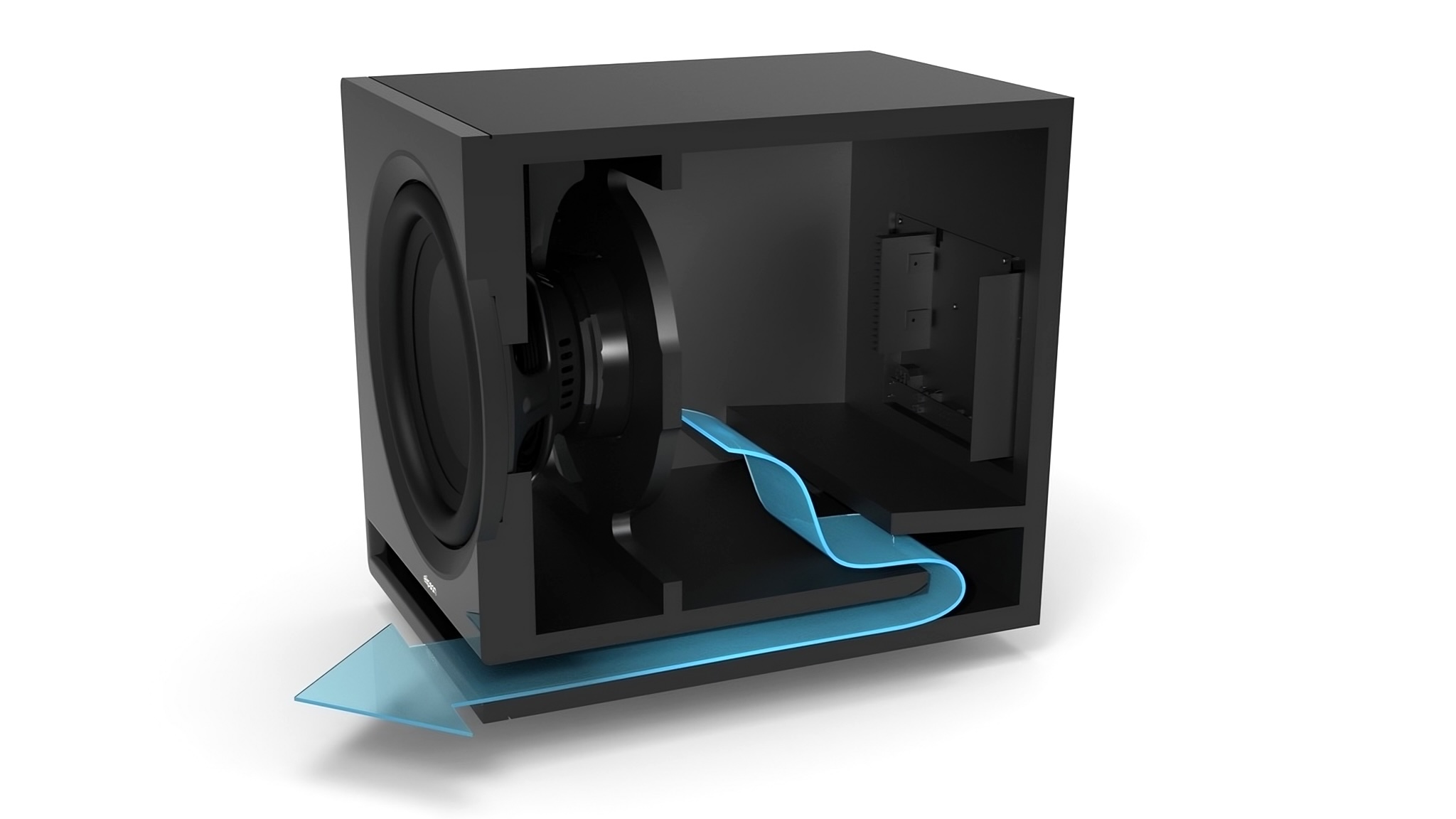 A render showing air movement inside the Elipson Premium SUB subwoofer