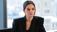 Selena Gomez looking serious in Only Murders in the Building. 