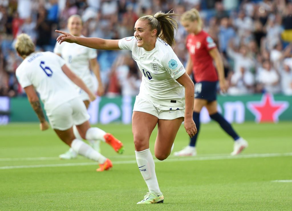 Women&#039;s Euro 2022: Georgia Stanway of England celebrates after scoring their team&#039;s first goal from the penalty spot during the UEFA Women&#039;s Euro 2022 group A match between England and Norway at Brighton &amp; Hove Community Stadium on July 11, 2022 in Brighton, England. 