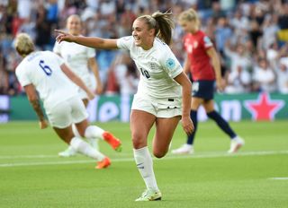 Women's Euro 2022: Georgia Stanway of England celebrates after scoring their team's first goal from the penalty spot during the UEFA Women's Euro 2022 group A match between England and Norway at Brighton & Hove Community Stadium on July 11, 2022 in Brighton, England. 