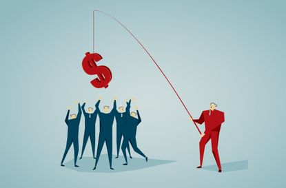 An illustration of a person dangling a dollar sign above people reaching hands, representing interest rates.