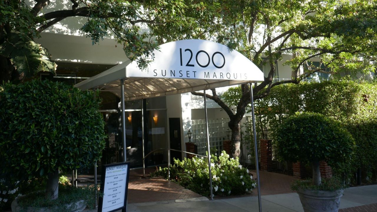 The entrance to the Sunset Marquis hotel