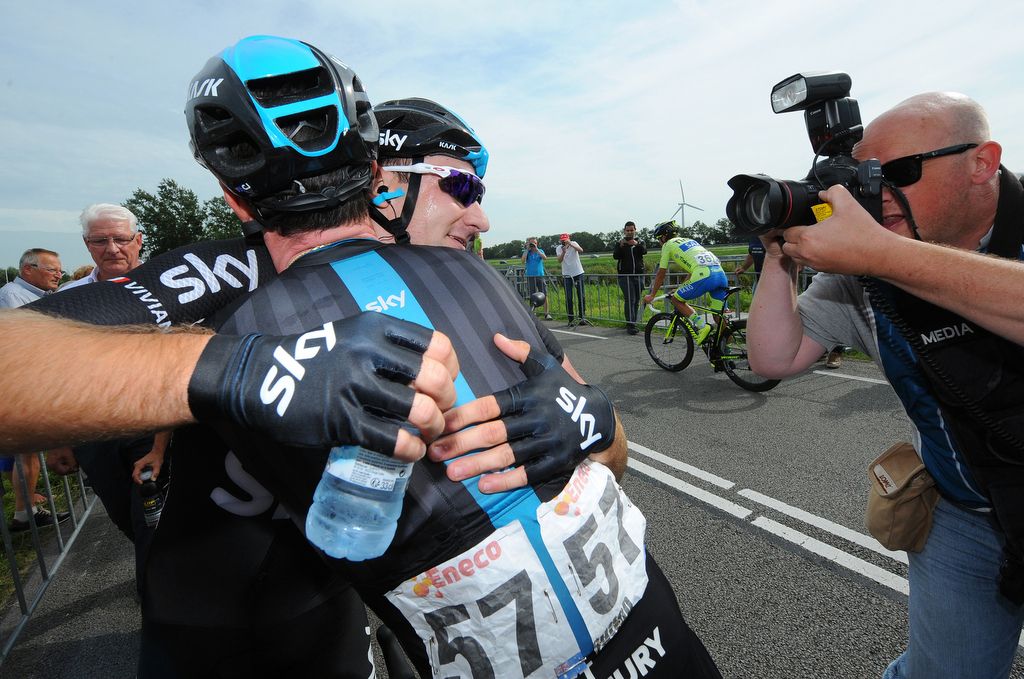 Elia Viviani and Christopher Sutton celebrate stage victory