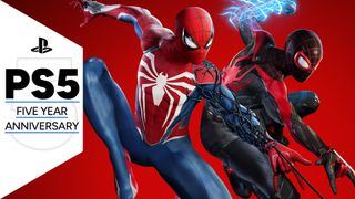 Key art for Spider-Man 2 showing both Peter Parker and Miles Morales getting ready to fight while web swinging on a red background, with the PS5 five year anniversary GamesRadar+ frame along the side - Peter's arm is being taken over by the black symbiote, while Miles readies a venom charge