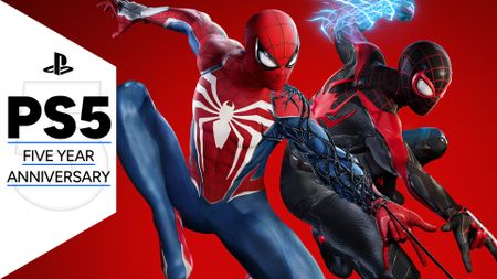Key art for Spider-Man 2 showing both Peter Parker and Miles Morales getting ready to fight while web swinging on a red background, with the PS5 five year anniversary GamesRadar+ frame along the side - Peter's arm is being taken over by the black symbiote, while Miles readies a venom charge