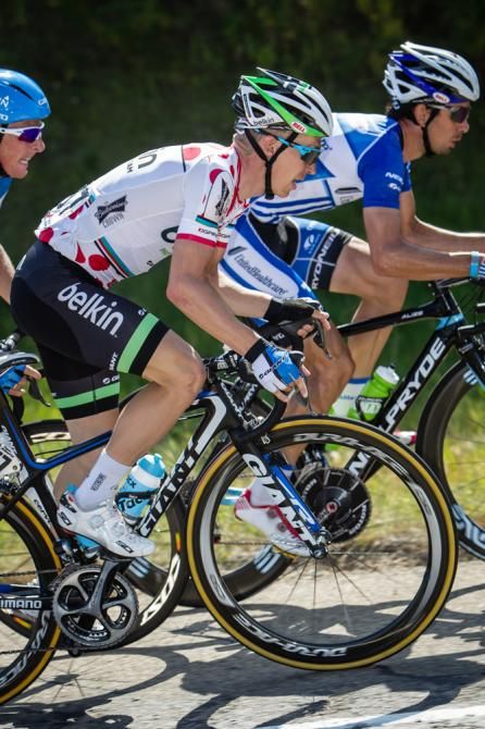 Tom Slagter (Belkin) moves to the front as the KOM approaches.