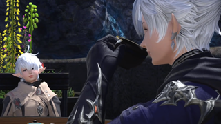 An image of Alphinaud and Alisaie sitting together at a table. Alphinaud, a studious young elezen, takes a sip of his tea while Alisaie sulks into her chair.