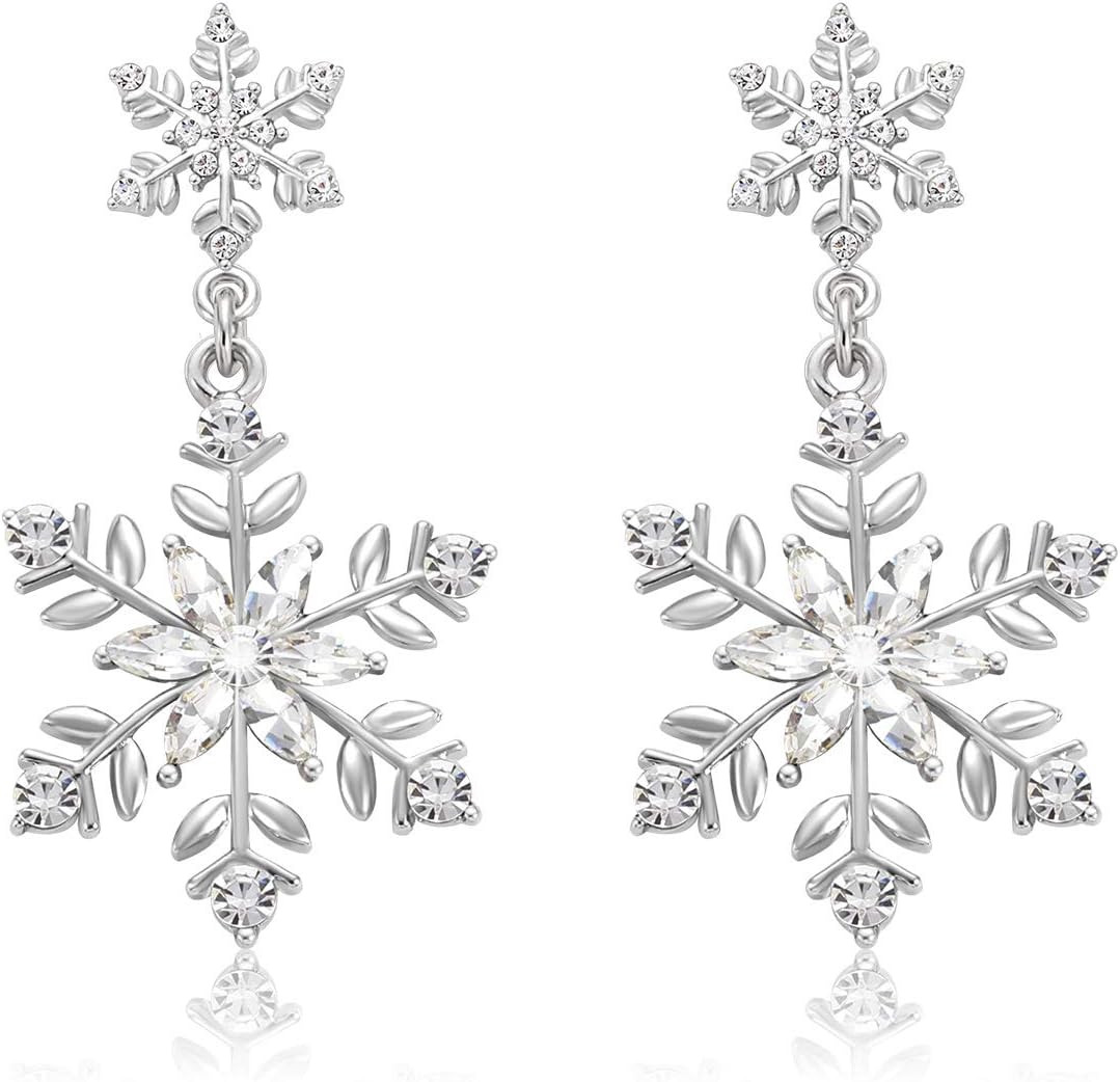 Christmas Snowflake Earrings for Women Xmas Rhinestone Snowflake Flower Drop Dangle Earrings Winter Holiday Party Crystal Pierced Stud Earrings for Festive Gift, Sliver Tone