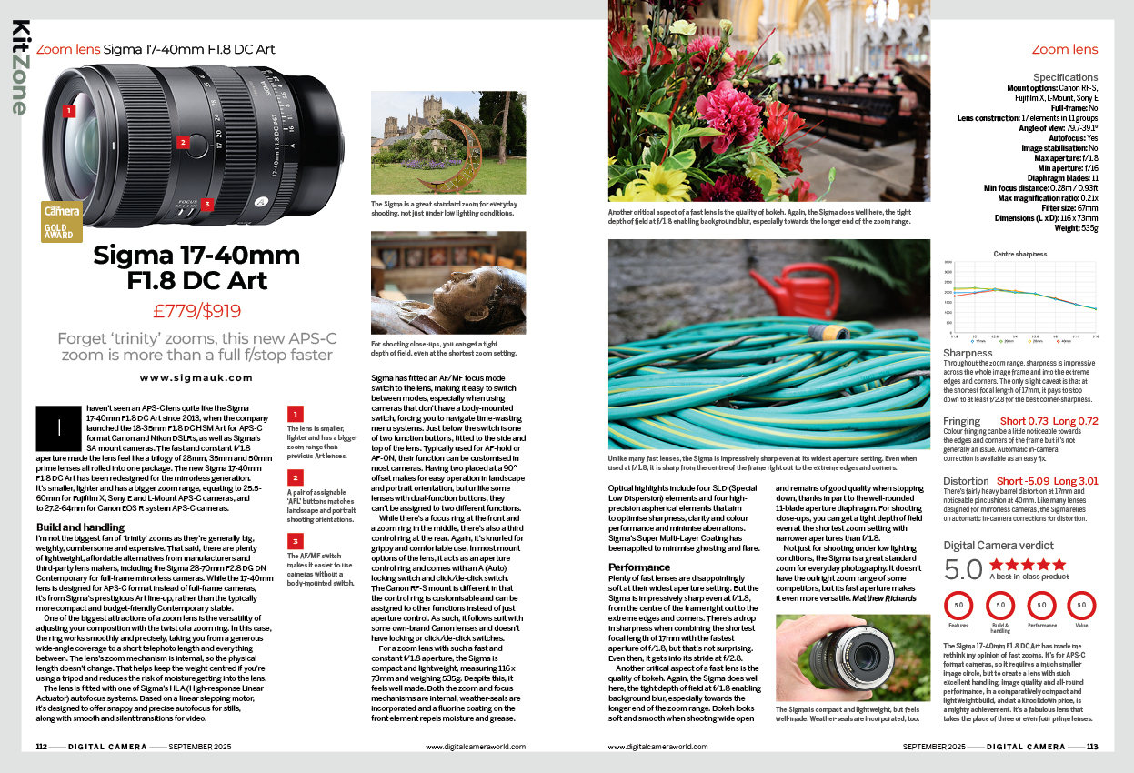 Image showing the Sigma 17-40mm F1.8 DC Art lens review, in issue 298 (September 2025) of Digital Camera magazine
