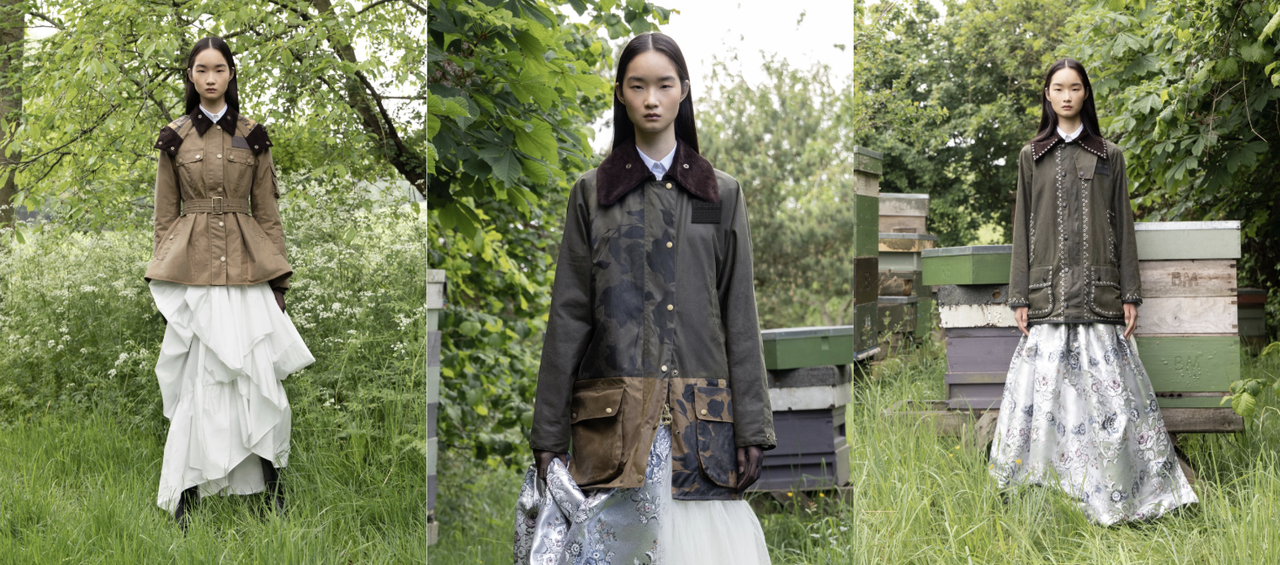 Model wearing floral waxed jacket