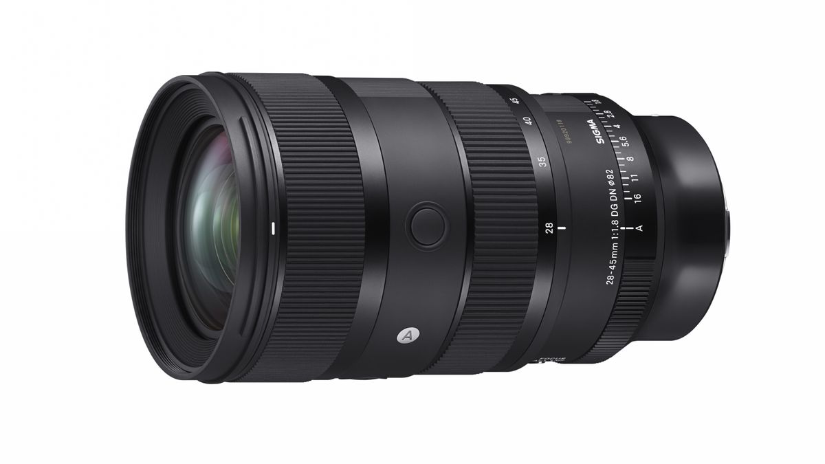 Sigma 28-45mm f/1.8 DG DN lens against a white background