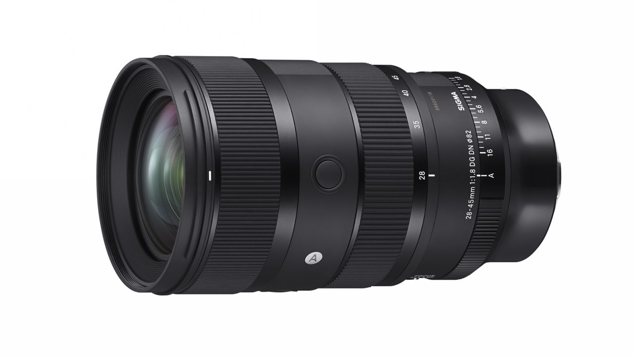 Sigma 28-45mm f/1.8 DG DN lens against a white background