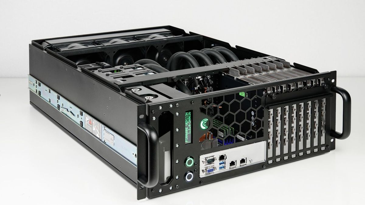 A picture of the grando comino workstation without the lid, exposing eight GPUs