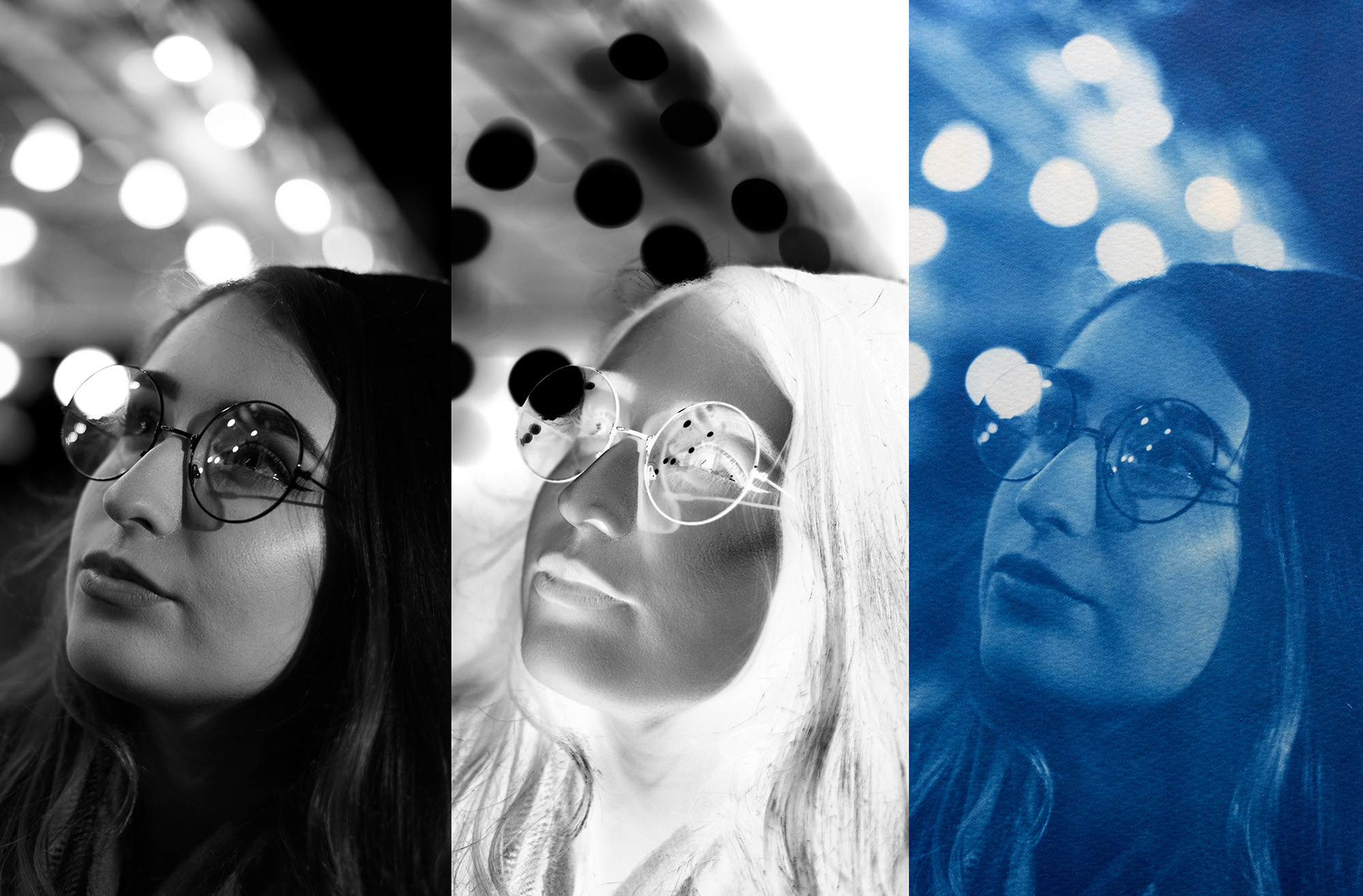 Three images: The original mono photograph, the negative, and the blue cyanotype 