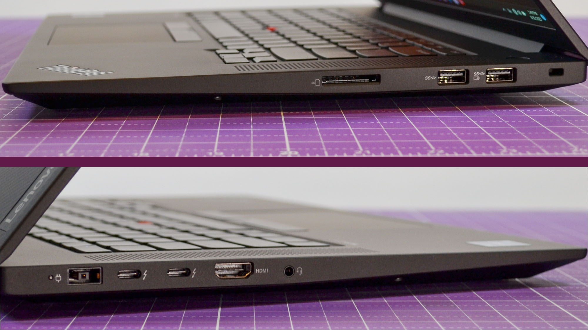 A Lenovo ThinkPad P1 Gen 6 on a table with a purple desk mat underneath