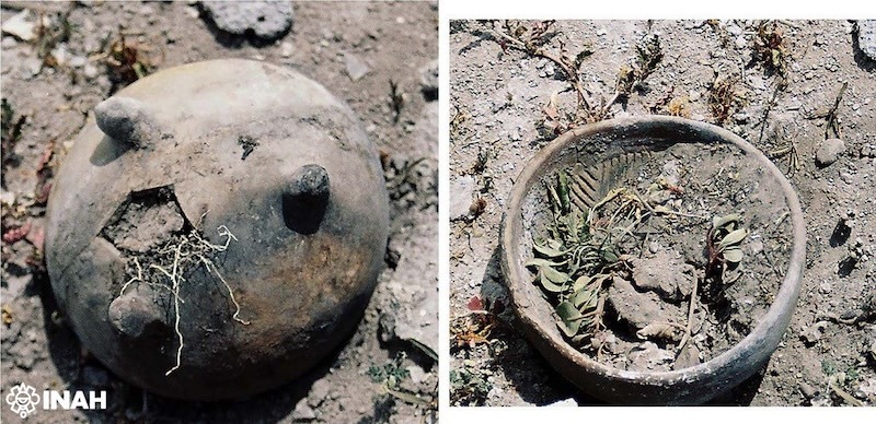 a top and bottom view of a molcajete in the dirt