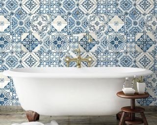 Tile-design wallpaper in bathroom