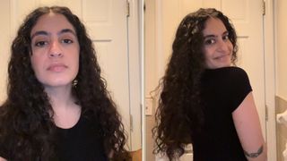 photos of Gabrielle Ulubay before (left) and after (right) using the Pattern curling iron