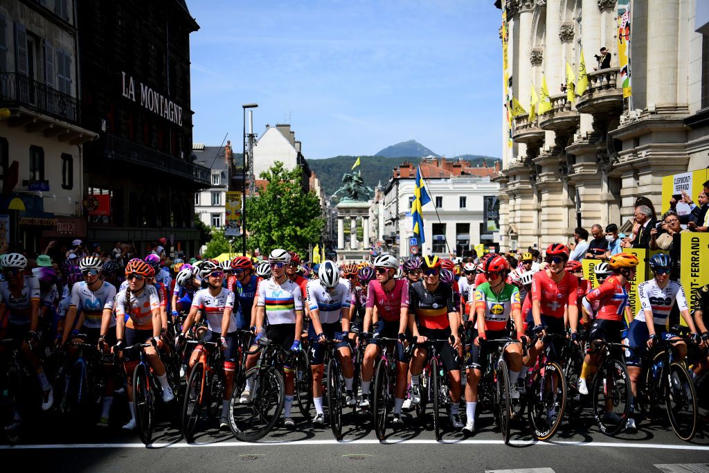 CLERMONTFERRAND FRANCE JULY 23 LR Mavi Garca of Spain and Team Liv Racing TeqFind Liane Lippert of Germany and Movistar Team Antri Christoforou of Cyprus Eri Yonamine of Japan and Team Human Powered Health Annemiek Van Vleuten of The Netherlands and Movistar Team Lorena Wiebes of The Netherlands Demi Vollering of The Netherlands Pink UCI Womens WorldTour Leader Jersey and Team SD Worx Protime Lotte Kopecky of Belgium and Team SD Worx Protime Elisa Longo Borghini of Italy and Team Lidl Trek Marlen Reusser of Switzerland and Team SD Worx Protime and Pfeiffer Georgi of The United Kingdom and Team dsmfirmenich prior to the 2nd Tour de France Femmes 2023 Stage 1a 1234km stage from ClermontFerrand to ClermontFerrand UCIWWT on July 23 2023 in ClermontFerrand France Photo by Alex BroadwayGetty Images