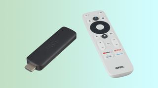 A graphic showing the Onn streaming stick with Google TV.
