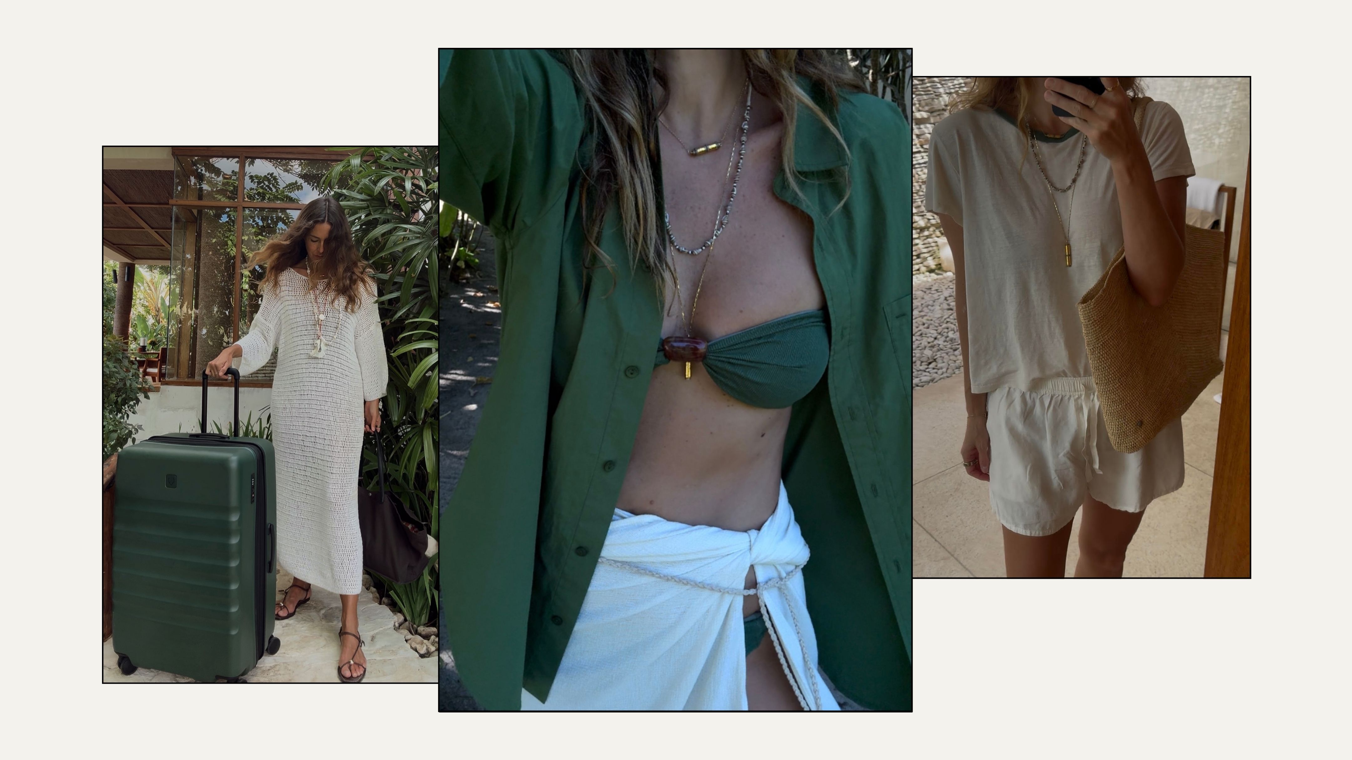 Woman wears crochet dress; woman wears green shirt, green bikini and beige sarong; woman wears white T-shirt and white shorts
