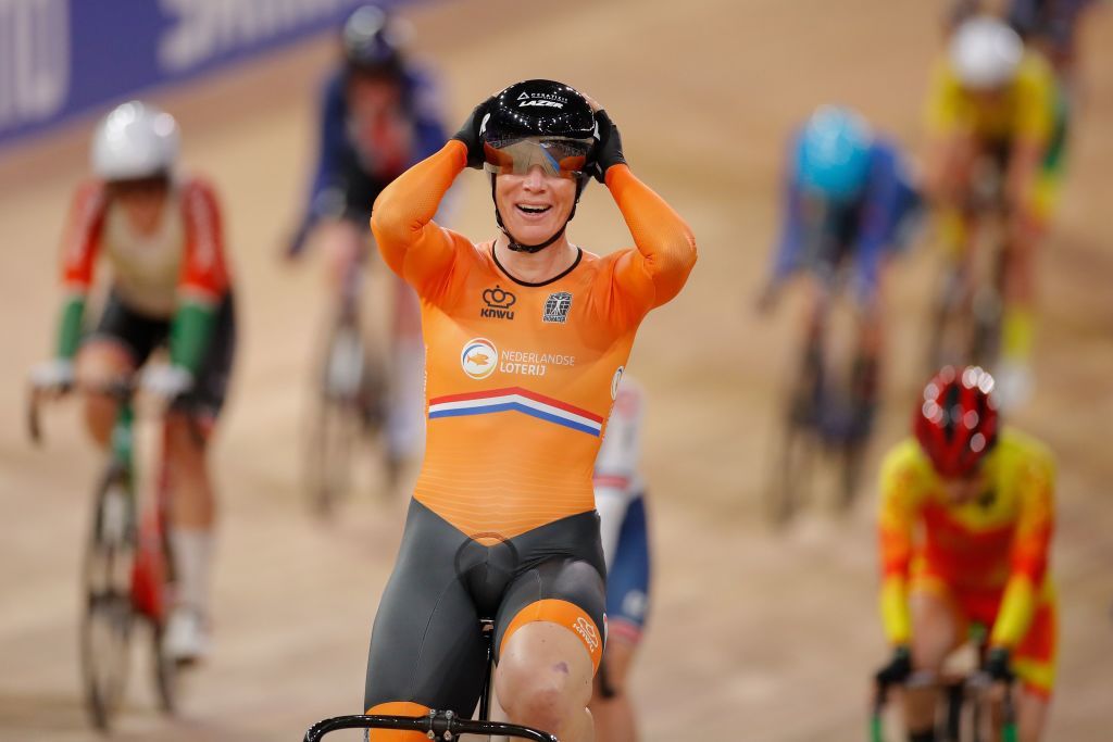 Netherlands Kirsten Wild celebrates after winning the womens 10 km scratch race final at the UCI track cycling World Championship in Berlin on February 26 2020 Photo by Odd ANDERSEN AFP Photo by ODD ANDERSENAFP via Getty Images