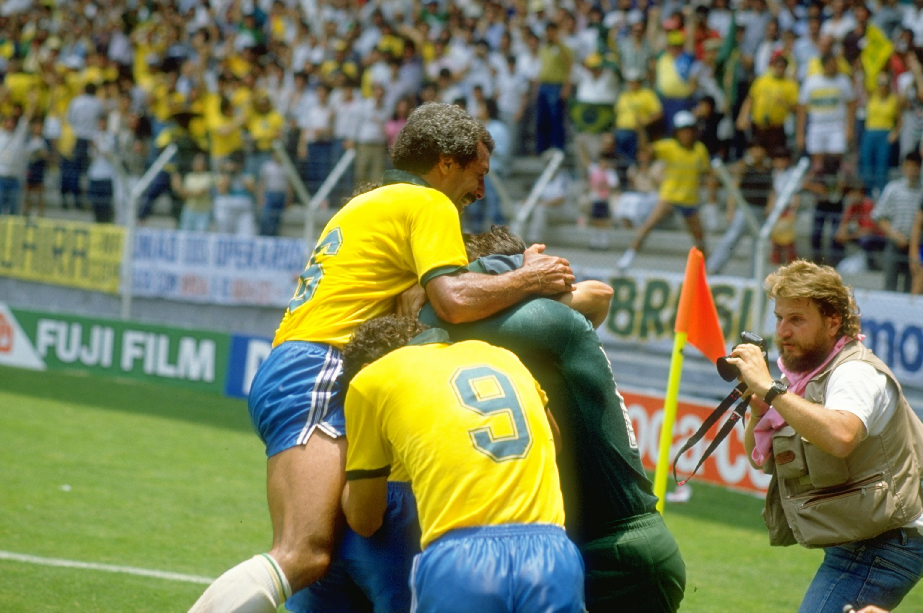 Careca (9) celebrates with his Brazil team-mates after scoring against Poland at the 1986 World Cup.