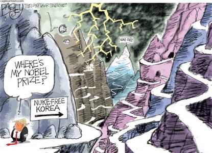 Political cartoon U.S. Trump Korea Summit Kim Jong Un Nobel Prize