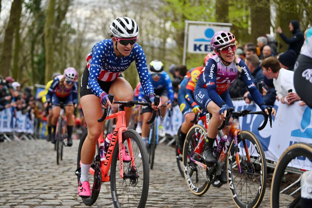 WEVELGEM BELGIUM MARCH 24 LR Chloe Dygert of The United States and CanyonSRAM Racing Team and Letizia Paternoster of Italy and Team Liv AlUla Jayco compete during the 13rd GentWevelgem in Flanders Fields 2024 Womens Elite a 1712km one day race from Ieper to Wevelgem UCIWWT on March 24 2024 in Wevelgem Belgium Photo by Luc ClaessenGetty Images