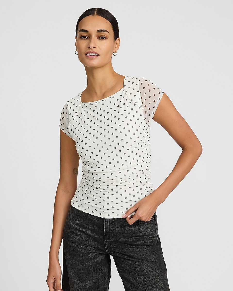 Express, Polka Dot Mesh Cap Sleeve Ruched Tee
