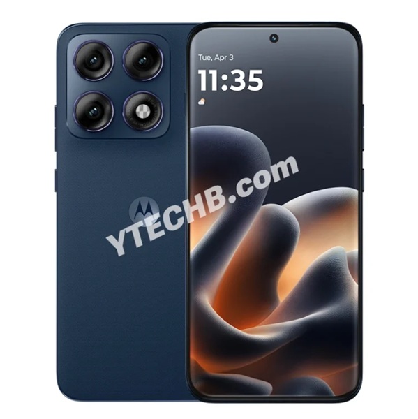 A leaked rendering of the Moto Edge 70 Pro in a deep blue colorway with a "fabric" texture.