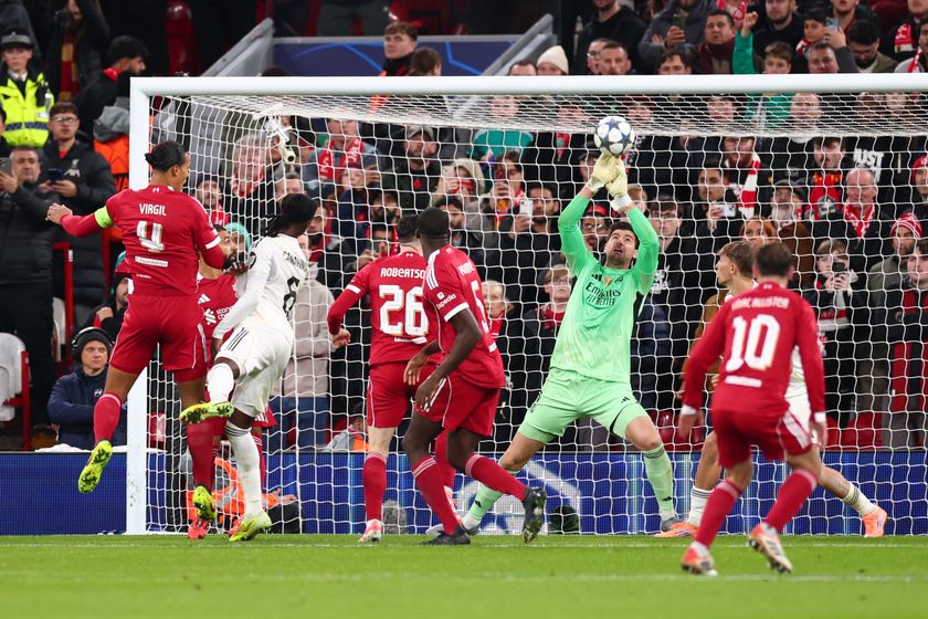 Virgil van Dijk powers a header past Real Madrid goalkeeper Thibaut Courtois
