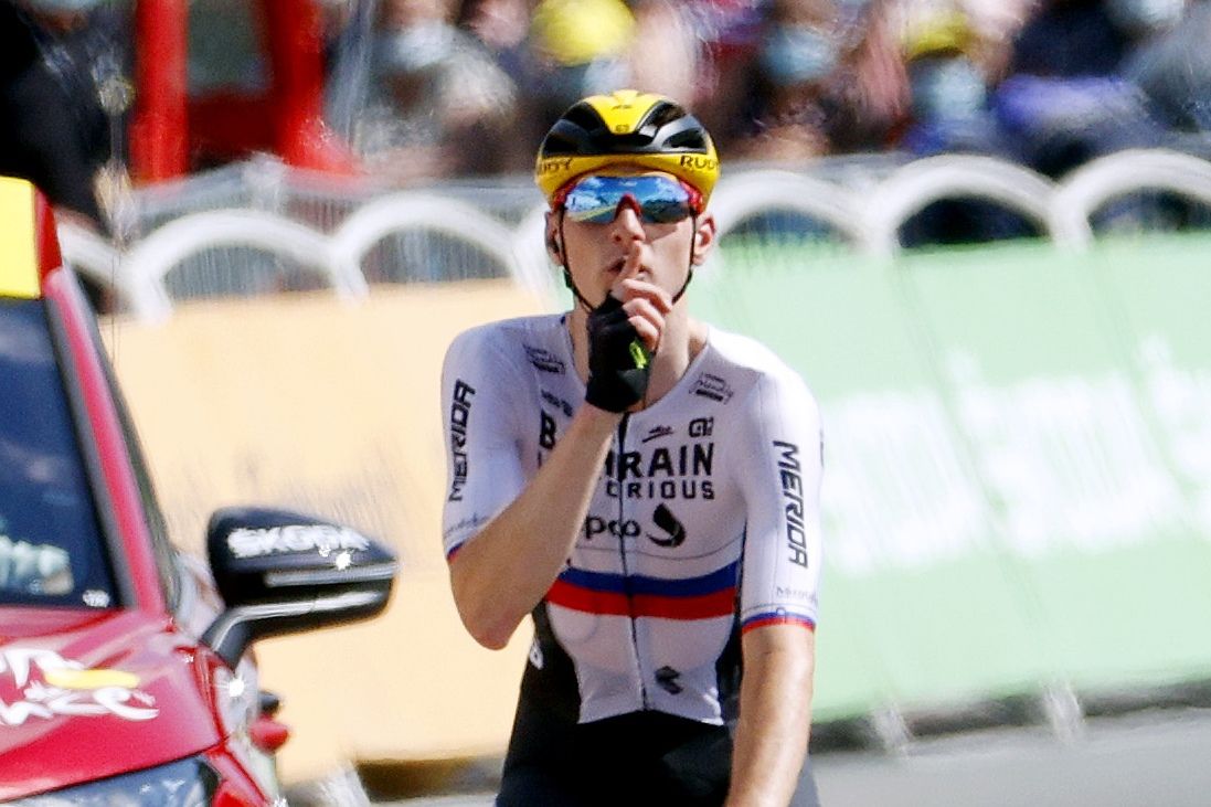 LIBOURNE, FRANCE - JULY 16: Matej MohoriÄ of Slovenia and Team Bahrain - Victorious stage winner celebrates at arrival during the 108th Tour de France 2021, Stage 19 a 207km stage from Mourenx to Libourne / @LeTour / #TDF2021 / on July 16, 2021 in Libourne, France. (Photo by Chris Graythen/Getty Images)