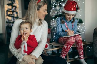 mother and two children at Christmas time