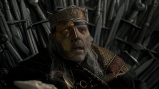 Paddy Considine as Viserys sitting the Iron Throne one last time House of the Dragon