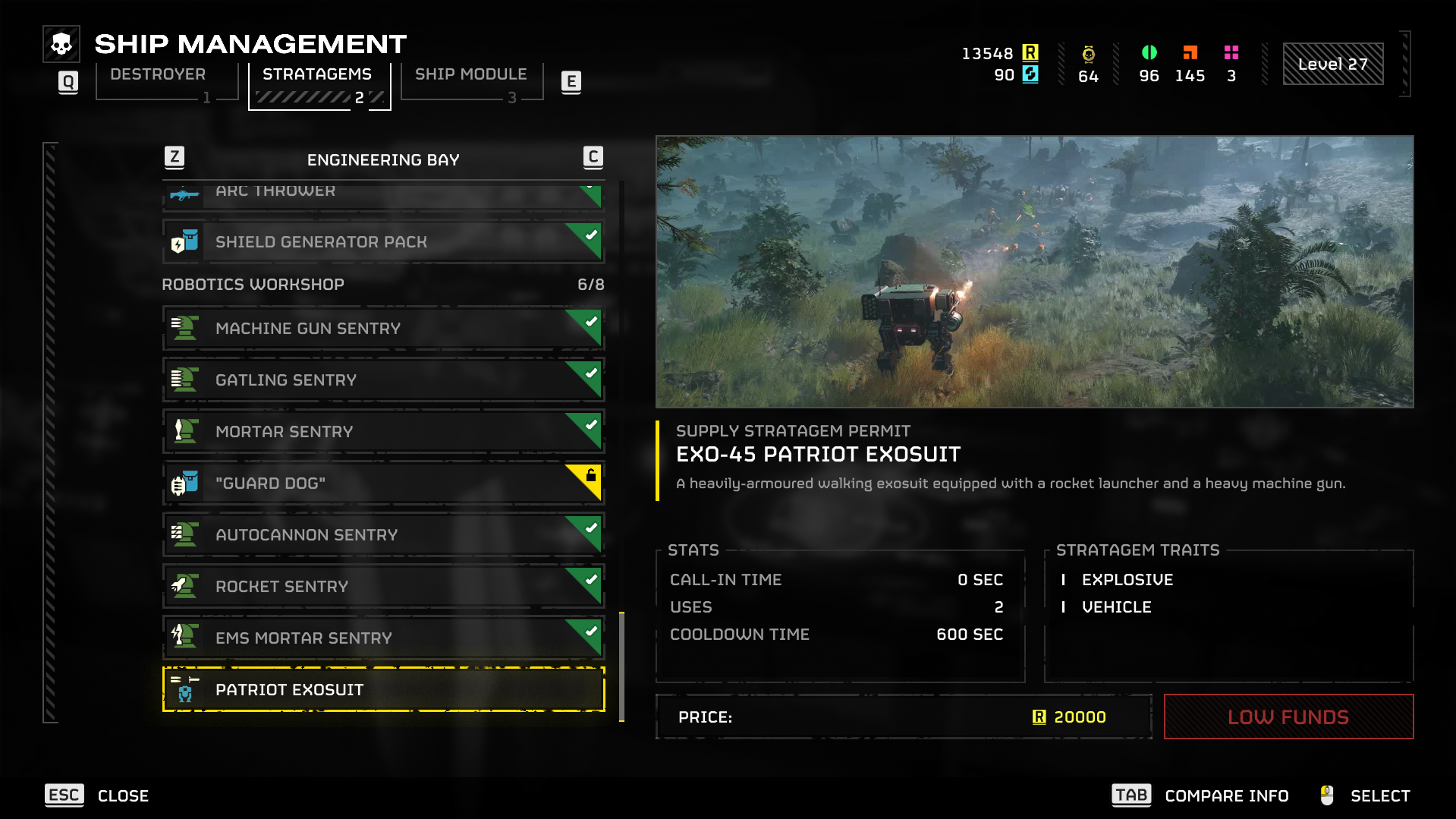 An image of the ship management screen for the EXO-45 Patriot suit
