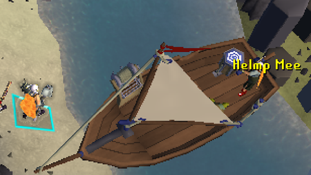 An old school runescape screenshot of a player on a boat that's stuck between two shorelines writing "help mee"